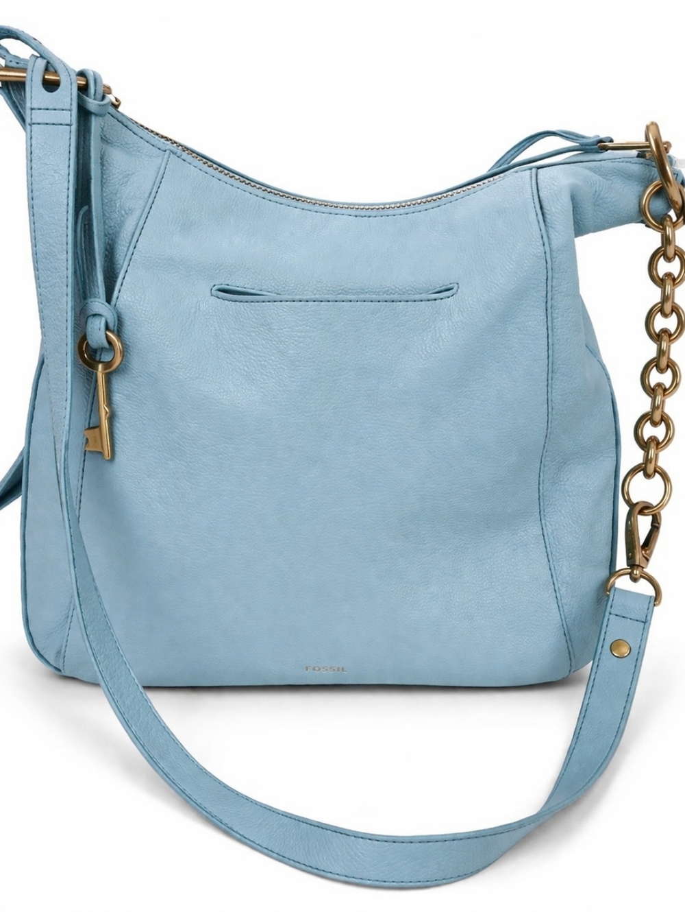 Fossil Leather Crossbody Bag Blue Teal Shoulder Purse Gold Chain Strap Medium.